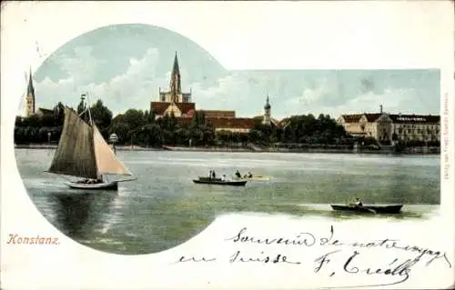 Ak Konstanz am Bodensee, Segelboot, Kirche, Inselhotel