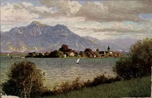 Künstler Ak Gemeinde Chiemsee, Blick auf die Fraueninsel, Gebirge