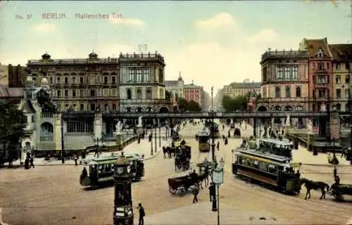 Ak Berlin Kreuzberg, Verkehr am Halleschen Tor, Straßenbahnen, Kutschen