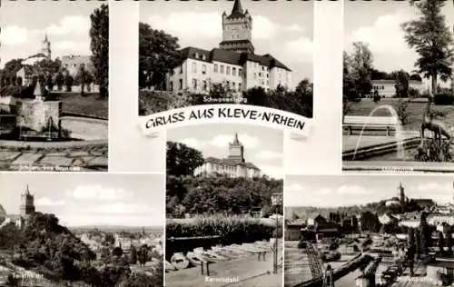 Ak Kleve am Niederrhein, Brunnen, Schwanenburg, Park, Teilansicht, Kermisdahl, Hafen