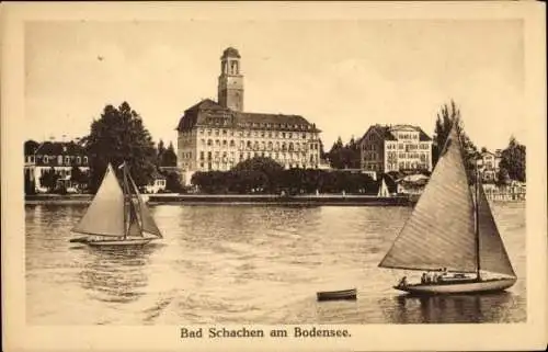 Ak Bad Schachen Lindau am Bodensee Schwaben, Uferansicht, Segelboote