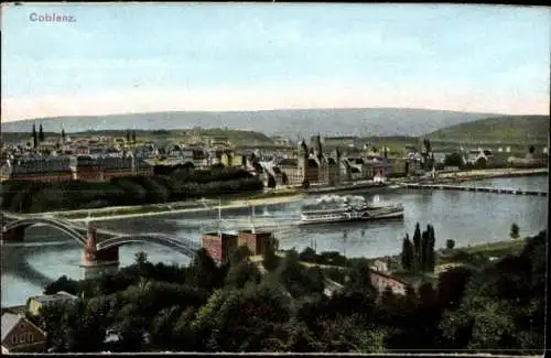 Ak Koblenz am Rhein, Panorama, Brücke, Dampfer