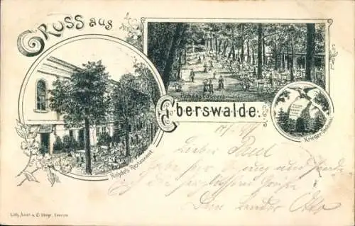 Litho Eberswalde in der Mark, Rohde's Restaurant, Konzertgarten, Kriegerdenkmal