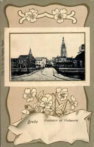 Passepartout Ak Breda Nordbrabant Niederlande, Postamt und Vischmarkt