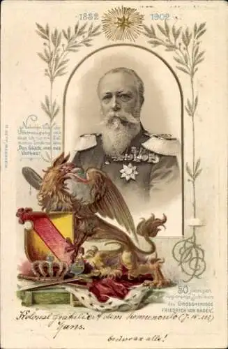 Präge Wappen Passepartout Litho Großherzog Friedrich I. von Baden, Portrait