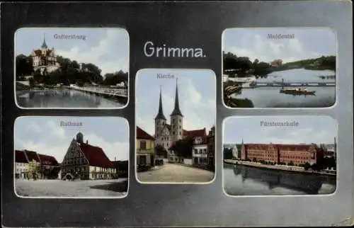 Passepartout Ak Grimma in Sachsen, Gattersburg, Rathaus, Muldental, Fürstenschule, Kirche