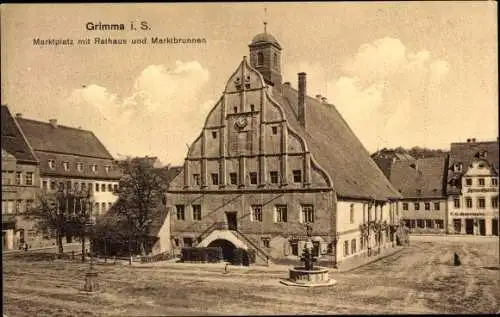 Ak Grimma in Sachsen, Marktplatz mit Rathaus, Marktbrunnen