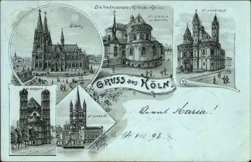 Mondschein Litho Köln am Rhein, Dom, St. Maria am Capitol, St. Aposteln, St. Gereon, St. Martin