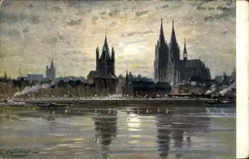 Künstler Ak Köln am Rhein, Dom, Mondschein