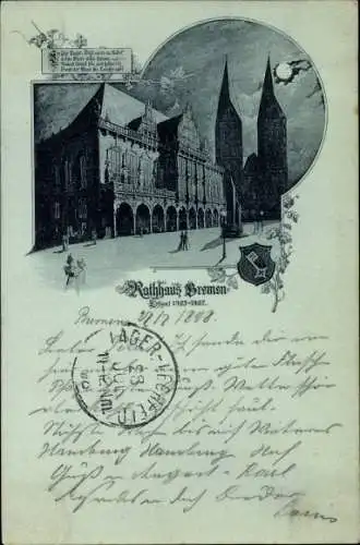 Mondschein Ak Hansestadt Bremen, Blick auf das Rathaus, Kirche, Wappen