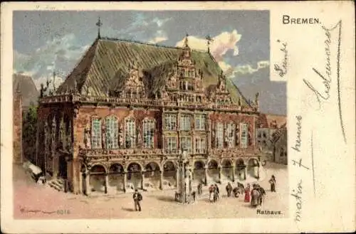 Künstler Litho Hansestadt Bremen, Außenansicht vom Rathaus, Roland