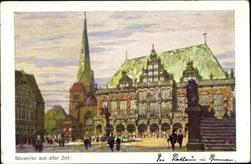 Künstler Ak Schulze, Kurt, Hansestadt Bremen, Rathaus und Kirche