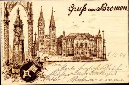 Litho Bremen, Rathaus, Wappen, Roland, Holzbrandimitat