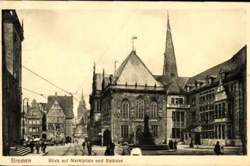 Ak Hansestadt Bremen, Marktplatz und Rathaus, Giebel, Passanten