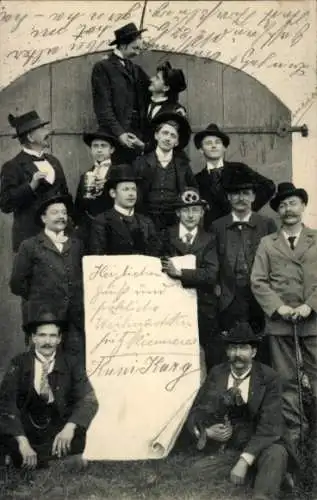 Foto Ak Gruppenbild der Männer, Bierkrug, Hut, Gehstock