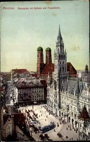 Ak München, Marienplatz, Rathaus, Frauenkirche, Straßenbahn