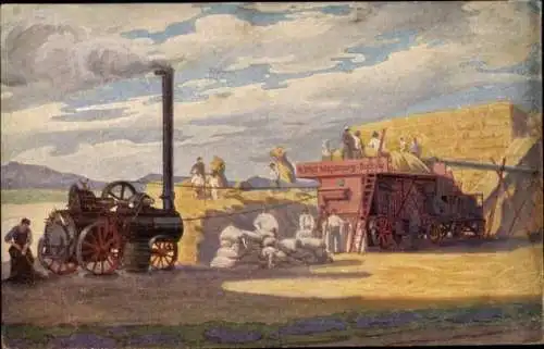 Künstler Ak Landwirtschaft, Dampfbetriebene Dreschmaschine, R. Wolf Magdeburg Buckau