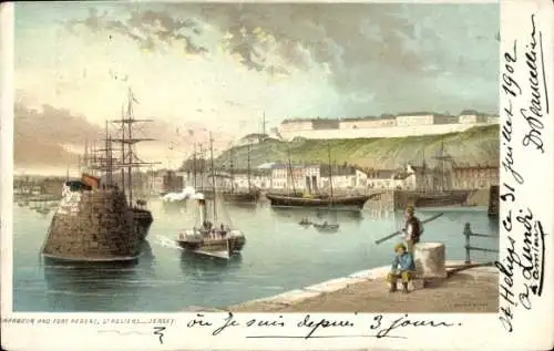 Litho Saint Helier Kanalinsel Jersey, Hafen, Fort Regent