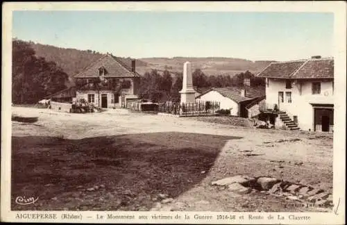 Ak Aigueperse Rhône, Le Monument aux victims de la Guerre 1914-1918 et Route de la Clayette