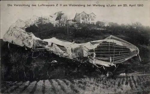 Ak Weilburg im Lahntal, Luftkreuzer Z II am Webersberg, 22. April 1910, Absturz, Wrack