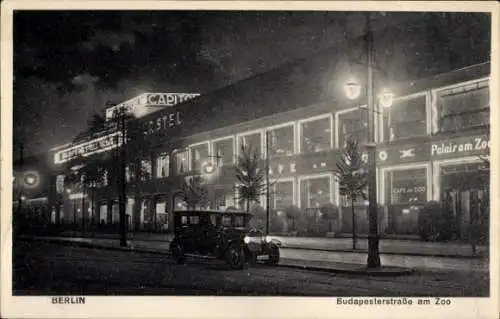 Ak Berlin Charlottenburg, Budapesterstraße am Zoo bei Nacht, Palais, Capitol