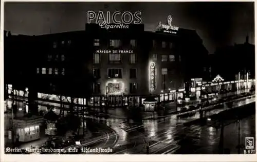 Ak Berlin Charlottenburg, Kurfürstendamm Ecke Uhlandstraße bei Nacht, Paicos, Maison de France