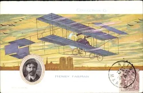 Ak Henry Farman, Doppeldecker, Flugpionier