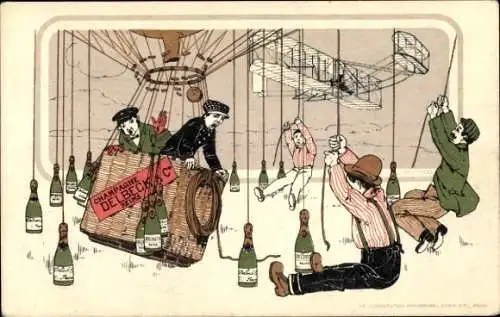 Künstler Litho Ballon, Doppeldecker, Sektflaschen, Werbung, Champagne Delbeck