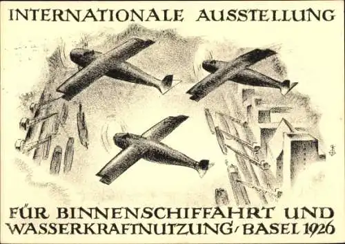 Ganzsachen Künstler Ak Basel Schweiz, Int. Ausstellung für Binnenschifffahrt und Wasserkraftnutzung