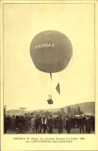 Ak Ballon America II, Sieger im Gordon-Bennett der Lüfte 1909, Continental-Ballonstoff