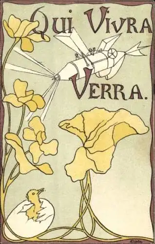 Jugendstil Ak Menschen im Flugzeug, Blumen, Küken schlüpft aus, Zukunftsaussichten