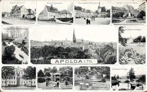 Ak Apolda, Karolinenheim, Lyceum, Marktplatz, Schrötener Anlagen, Kriegerdenkmal