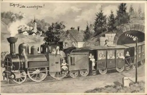 Ak Eisenbahn, Fotomontage, Kleinkinder, Dampflok