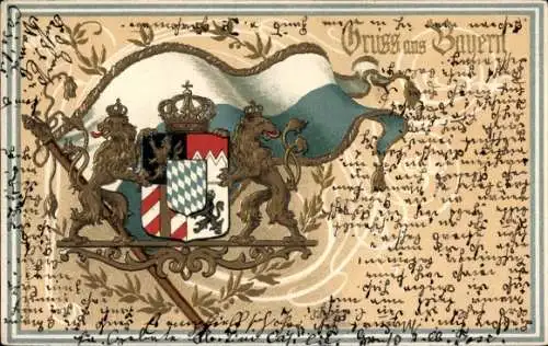 Präge Wappen Ak Bayern, Löwen, Fahne, Krone