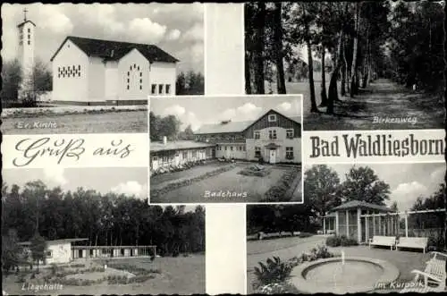 Ak Bad Waldliesborn Lippstadt in Westfalen, ev. Kirche, Badehaus, Birkenweg, Liegehalle, Kurpark