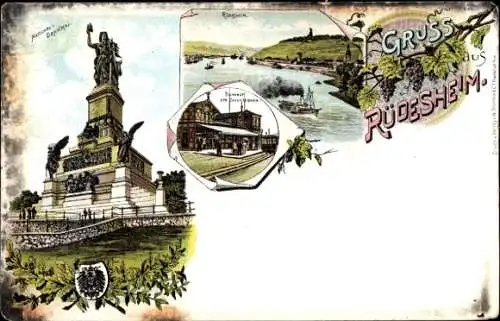 Litho Rüdesheim am Rhein, Ort mit Umgebung, Bahnhof, Niederwald Nationaldenkmal, Wappen