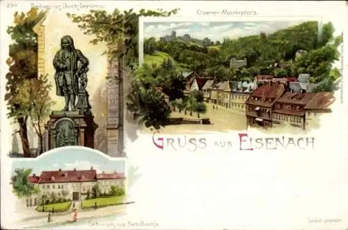 Litho Lutherstadt Eisenach in Thüringen, Sebastian Bach Denkmal, Teilansicht