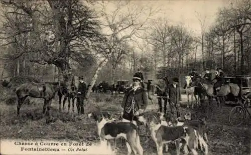 Ak Fontainebleau Seine et Marne, Chasse a courre en Foret, Relai, Kutsche