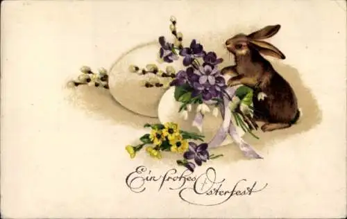 Ak Frohe Ostern, Hase mit Ostereiern und Blumen