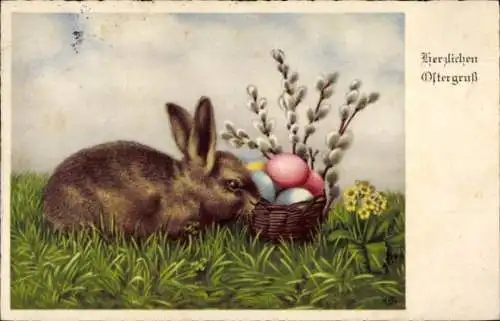 Ak Frohe Ostern, Hase mit Korb voller Ostereiern auf Wiese, Weidenkätzchen