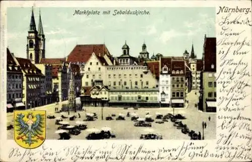 Ak Nürnberg in Mittelfranken, Wappen, Marktplatz, Sebalduskirche