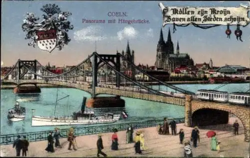 Ak Köln am Rhein, Panorama mit Hängebrücke, Dom, Salondampfer, Wappen, Straßenbahn