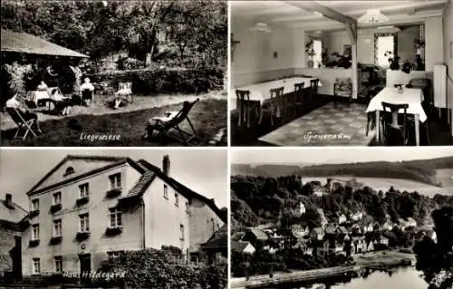 Ak Herstelle Beverungen an der Weser, Haus Hildegard, Liegewiese, Speiseraum, Gesamtansicht