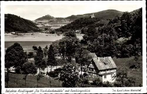 Ak Witzenhausen an der Werra Hessen, Die Flachsbachmühle mit Zweiburgenblick