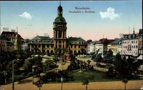 Ak Mannheim, Paradeplatz, Kaufhaus mit Brunnen, Denkmal