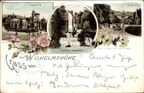 Litho Bad Wilhelmshöhe Kassel in Hessen, Blick von der Allee, Löwenburg, Aquaduct Wasserfall