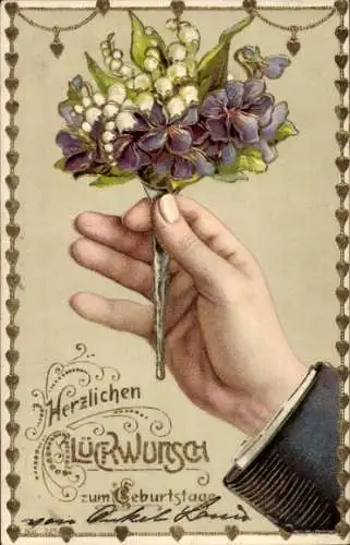 Präge Litho Glückwunsch Geburtstag, Blumenstrauß, Maiglöckchen