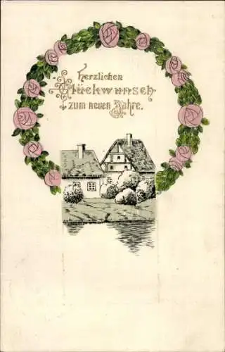 Ak Glückwunsch Neujahr, Wohnhaus, Blumenkranz