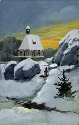 Ak Menschen auf dem Weg zur Kirche, Schnee, Winter