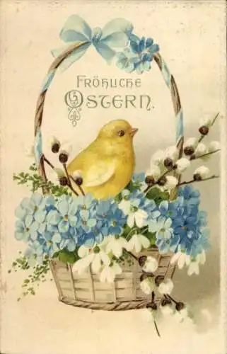 Präge Ak Glückwunsch Ostern, Küken, Korb, Weidenkätzchen, Vergissmeinnicht, Schneeglocken